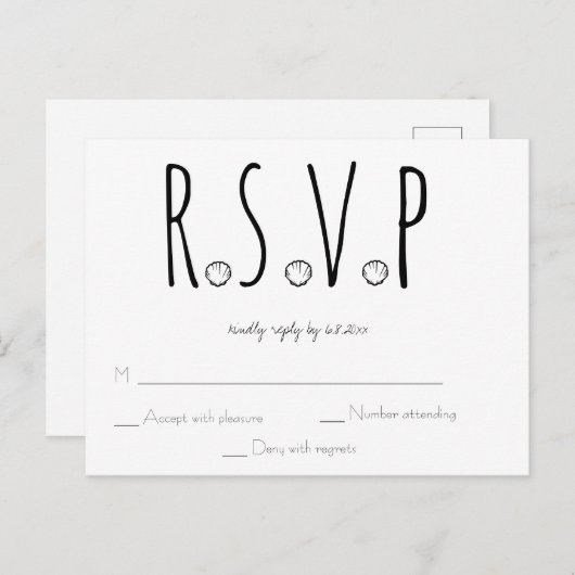 Carte RSVP Noir et Blanc Shell Beach Wedding (Devant / Derrière)
