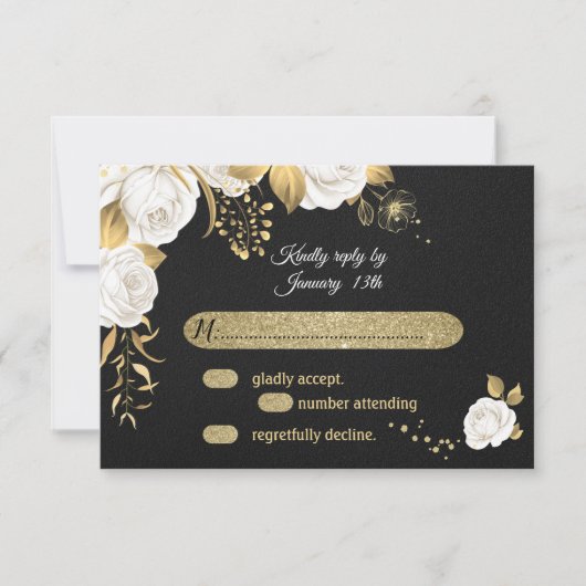 carte RSVP noir floral or blanc (Devant)