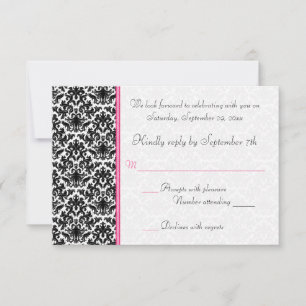Carte RSVP noire, blanche, rose Damas