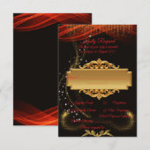 Carte RSVP noire élégante avec design central doré (Devant / Derrière)