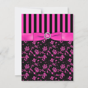 Carte RSVP noire et rose chaud rayée et ornée de b