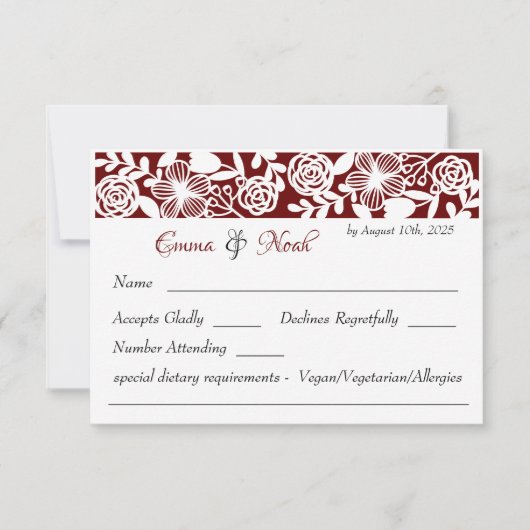 Carte RSVP Open Work Elegant Mariage Maroon (Devant)