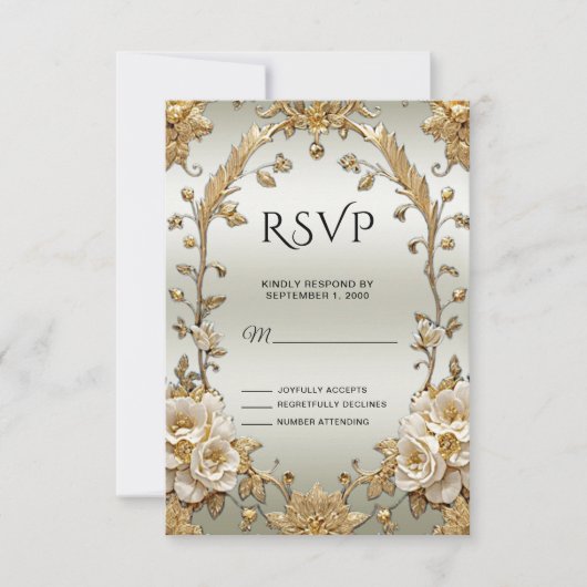 Carte RSVP Ornate Or Fleurs blanches (Devant)