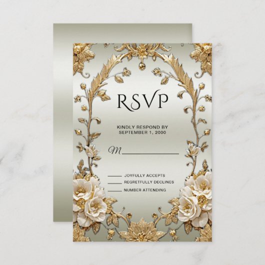 Carte RSVP Ornate Or Fleurs blanches (Devant / Derrière)