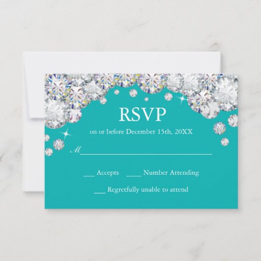 Carte RSVP Pailletée Diamant Turquoise et Argent (Devant)