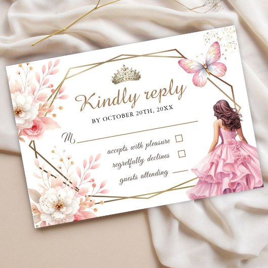 Carte Rsvp Papillon Floral Rose-Blanc Quinceañera