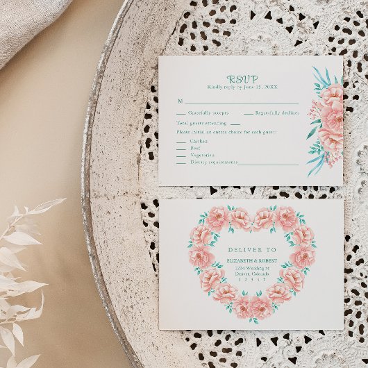 Carte RSVP Peach et Mariage Floral Turquoise