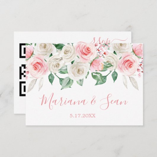 Carte RSVP Peach Pink Floral Mariage QR Code (Devant / Derrière)