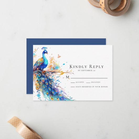 Carte RSVP Peacock Blue Wedding (Devant/Arrière en situation)