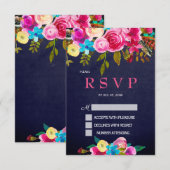 Carte RSVP Pink Floral Navy Blue Chalkboard (Devant / Derrière)