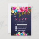 Carte RSVP Pink Floral Navy Blue Chalkboard<br><div class="desc">Aquarelle rose printanière vive Florale | Carte RSVP. Romantique Bohème rose chaud, rose profond, jaune, bleu clair, violet aquarelle peint roses, arrangement floral botanique design mariage avec feuilles verts et plumes sur plateau bleu marine. Idéal pour les mariages du printemps et de l'été. #3338 Si vous avez besoin d'aide ou...</div>