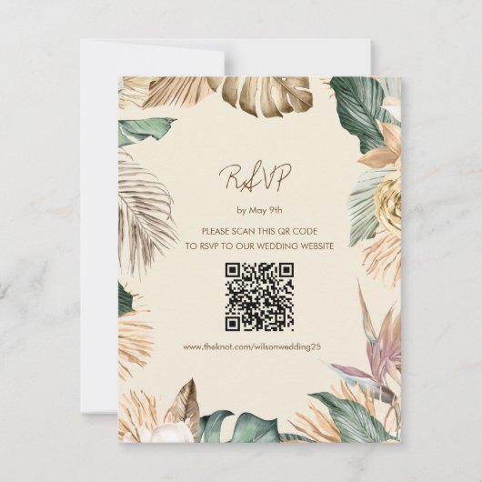 Carte RSVP Plage Feuille Tropicale avec code QR (Devant)
