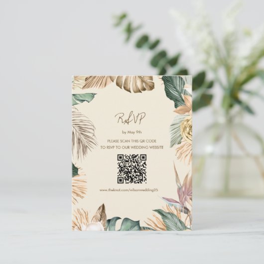 Carte RSVP Plage Feuille Tropicale avec code QR (Debout devant)