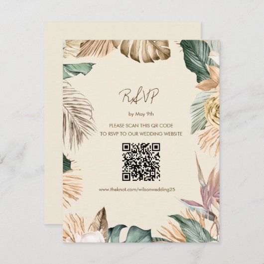 Carte RSVP Plage Feuille Tropicale avec code QR (Devant / Derrière)