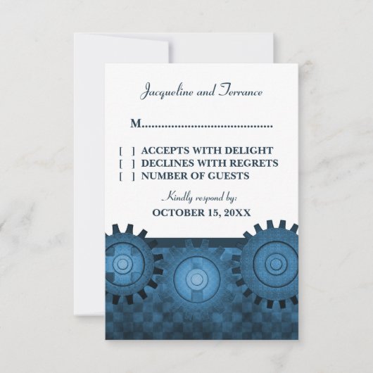 Carte RSVP pour engrenages Steampunk, bleu (Devant)