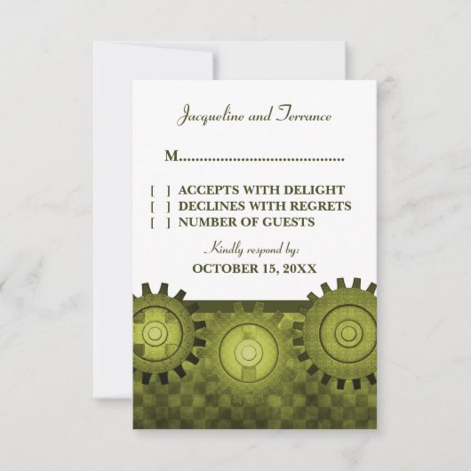 Carte RSVP pour engrenages Steampunk, Vert (Devant)
