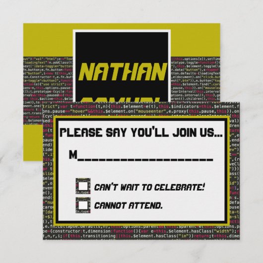 Carte RSVP pour la fête des codeurs (Devant / Derrière)