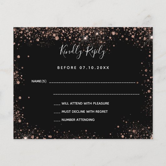 Carte RSVP pour mariage budget or rose noir (Devant)