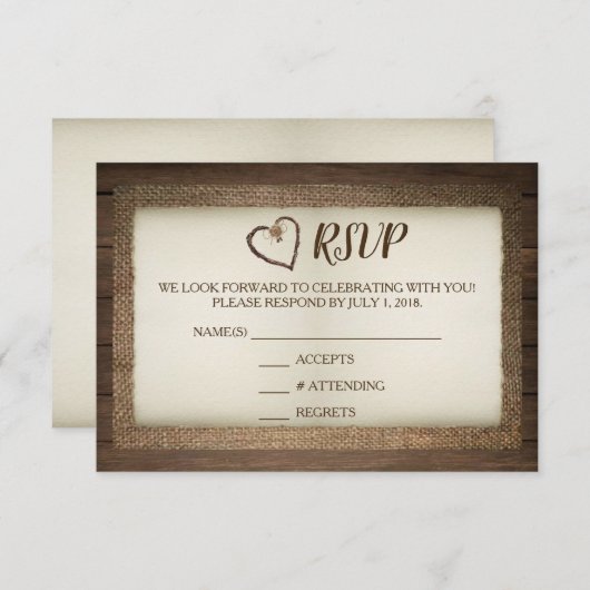 Carte RSVP pour mariage coeur en bois, burlap et T (Devant / Derrière)