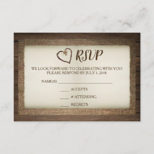 Carte RSVP pour mariage coeur en bois, burlap et T