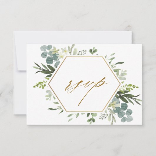 Carte RSVP pour mariage Hexagon or Watercolor Gree (Devant)