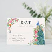 Carte RSVP pour oiseau de paon bleu floral (Debout devant)