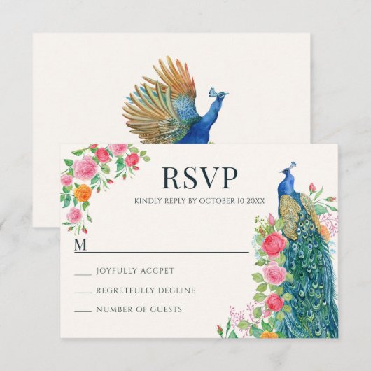 Carte RSVP pour oiseau de paon bleu floral (Devant / Derrière)