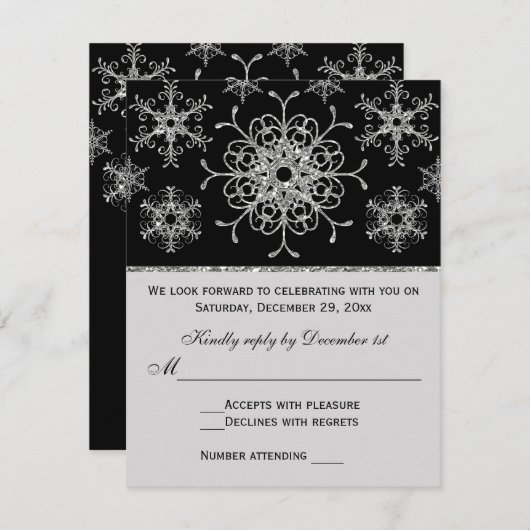 Carte RSVP pour Snowflakes Black Silver Parties sc (Devant / Derrière)
