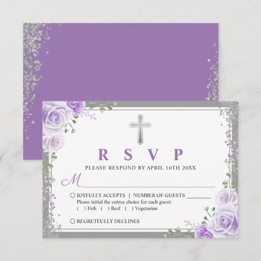 Carte RSVP Première communion florale violet argen (Devant / Derrière)