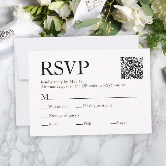 Carte RSVP Qr Code Scan Meal Choice White Wedding