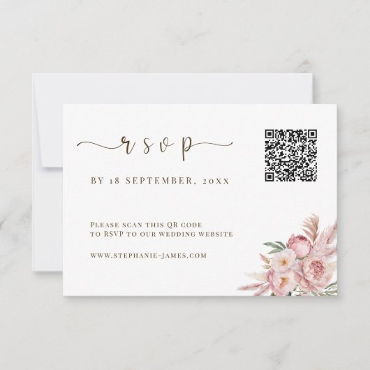 Carte RSVP QR Code Wedding avec fleurs roses (Devant)