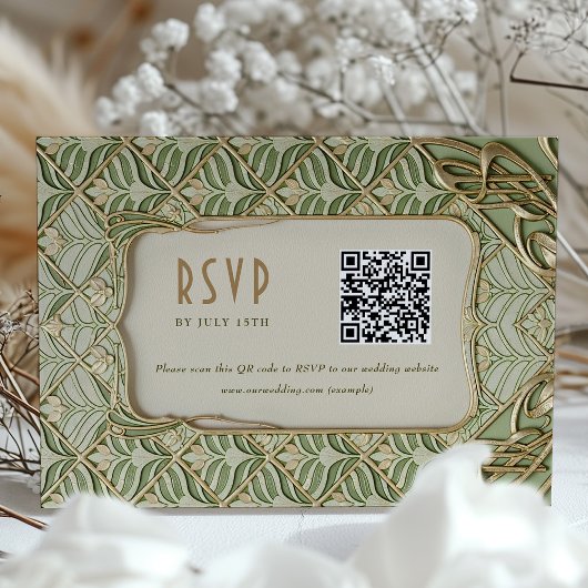 Carte RSVP QR pour mariage floral vert et or