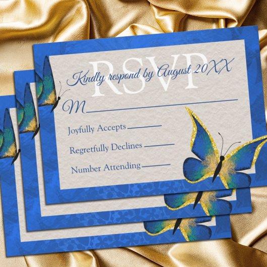 Carte RSVP Quinceañera Bleu, Papillon Or