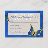 Carte RSVP Quinceañera Bleu, Papillon Or (Devant)
