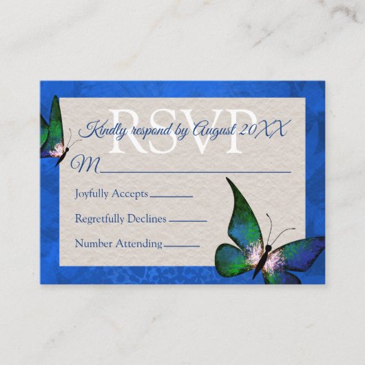 Carte RSVP Quinceañera Bleu, Papillon Vert (Devant)