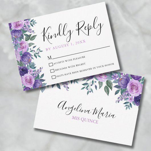 Carte RSVP Quinceanera Florale Violette