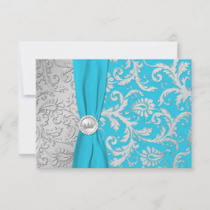 Carte RSVP Quinceanera Turquoise et Argent Damask