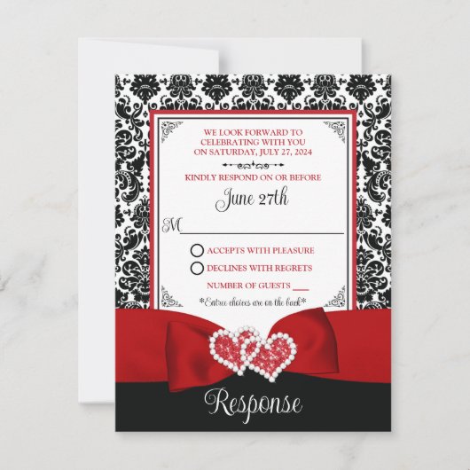 Carte RSVP Red, Black Damask Love Hearts (Devant)