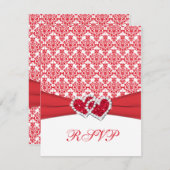 Carte RSVP Red & White Damask & Hearts (Devant / Derrière)