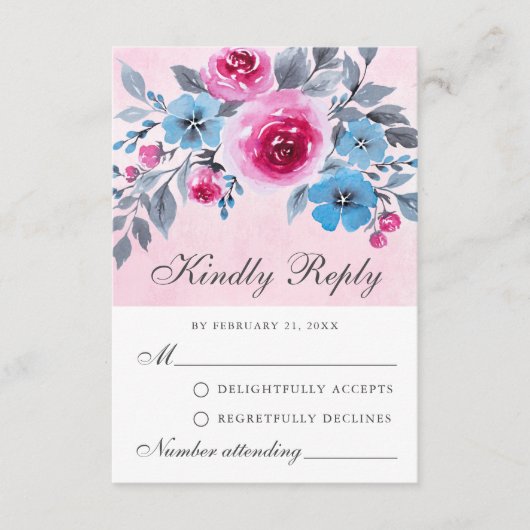 Carte RSVP Romantique rose et bleu Aquarelle (Devant)