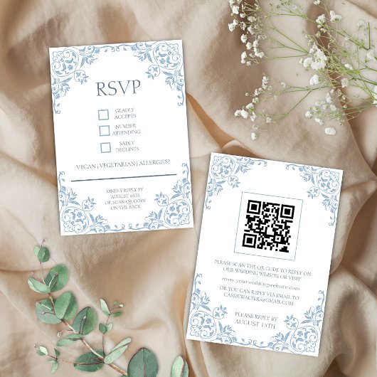 Carte RSVP romantique Shabby Chic Bleu et Blanc