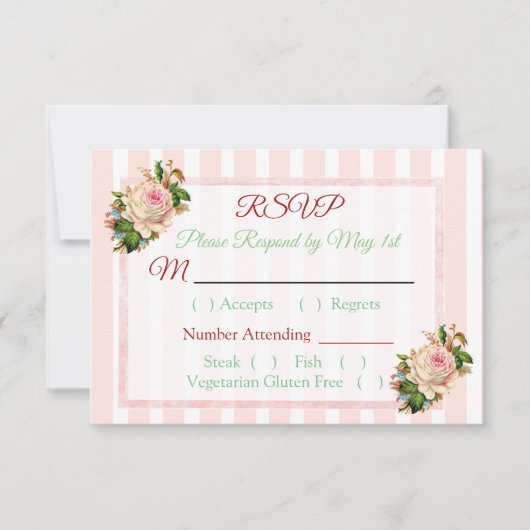 Carte RSVP Rose Coral Floral Striped Wedding (Devant)