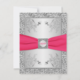 Carte RSVP Rose, Feuille FAUX Argent, Floral