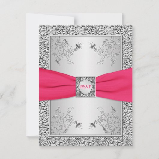 Carte RSVP | Rose, Feuille FAUX Argent, Floral (Devant)