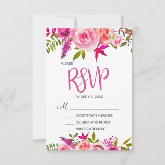 Carte RSVP rose Fuchsia Botanical Floral Wedding (Devant)