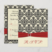 Carte RSVP rouge, ivoire et noir Damas (Devant / Derrière)