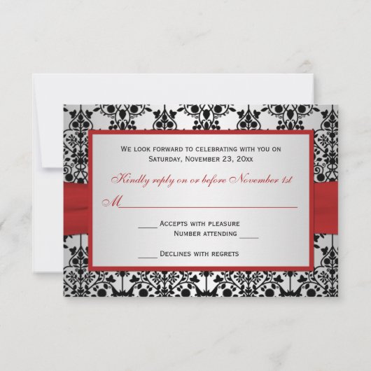 CARTE RSVP RUBAN IMPRIMÉ DAMASSÉ rouge, gris et no (Dos)