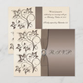 Carte RSVP ruban imprimé Mocha, fleur ivory (Devant / Derrière)