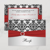 CARTE RSVP RUBAN IMPRIMÉE DAMASSÉE rouge, gris et (Devant / Derrière)