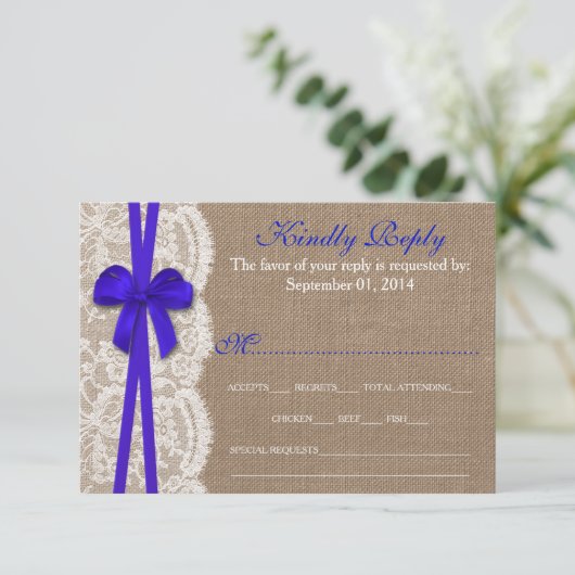 Carte RSVP Rustic Blue Bow Mariage Collection (Debout devant)
